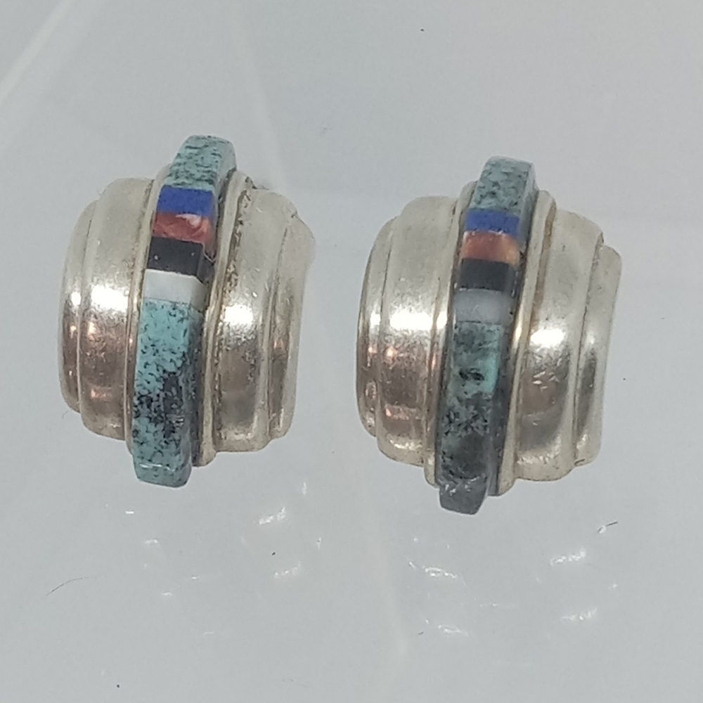 * vintage Navajo Chas Ray 1988 chunky 925 half hoop stone inlay earrings